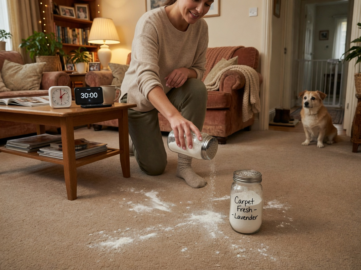 Woman applying carpet deodorizer powder with correct technique and 30-minute timer visible in a pet-friendly home