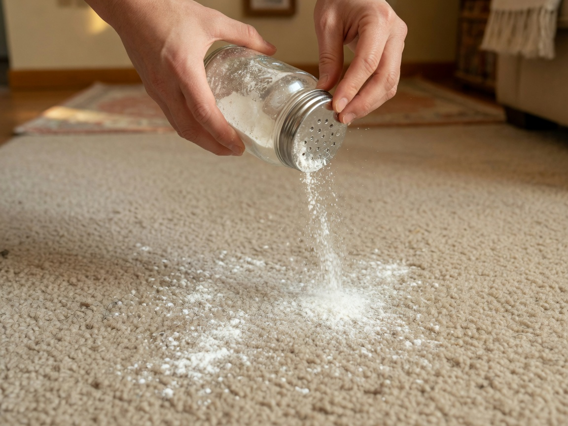 Person sprinkling pet safe carpet deodorizer powder evenly onto textured carpet from a glass shaker container