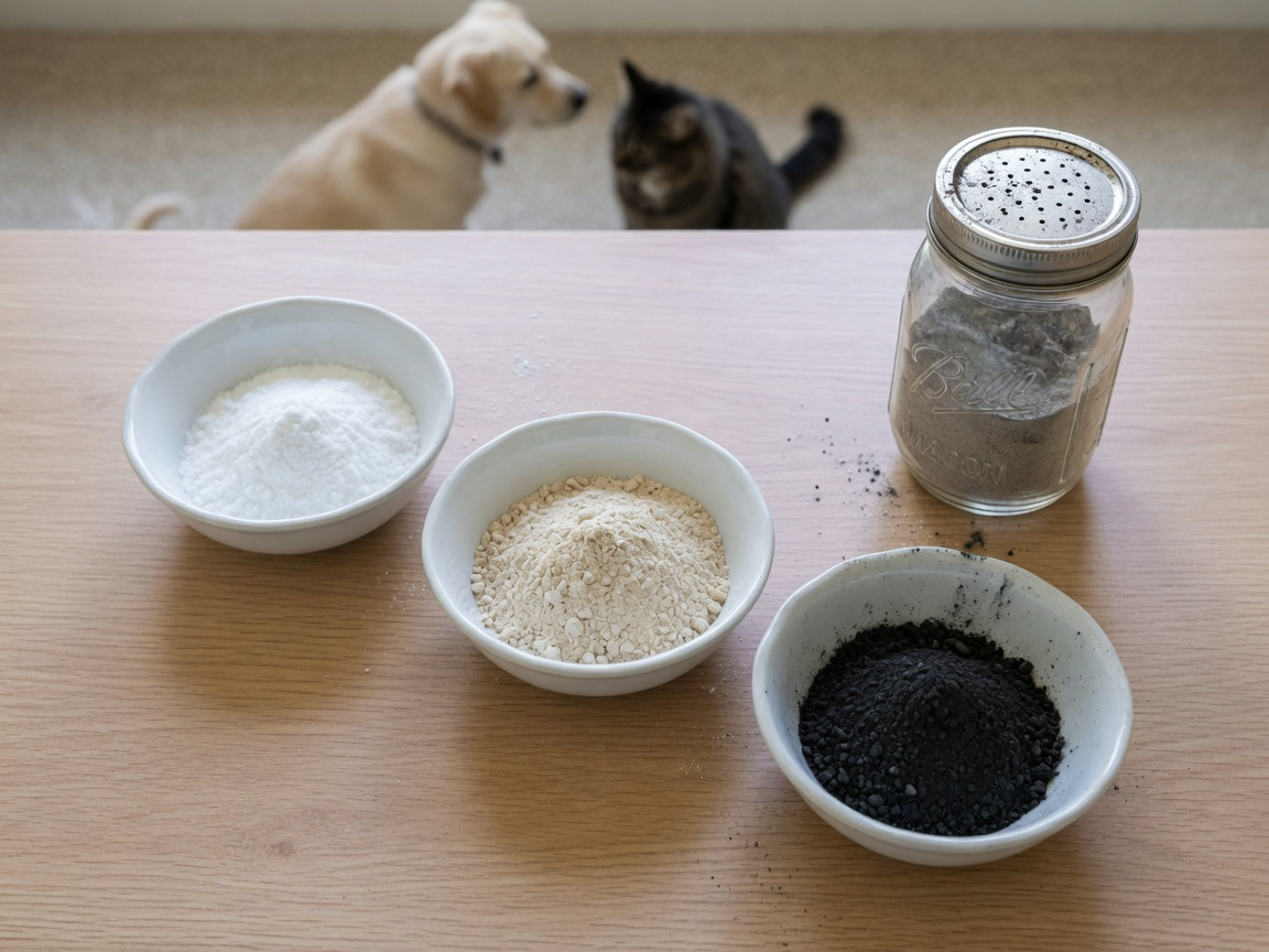 DIY pet safe carpet deodorizer powder ingredients — baking soda, food-grade diatomaceous earth, and activated charcoal — arranged on a wooden surface