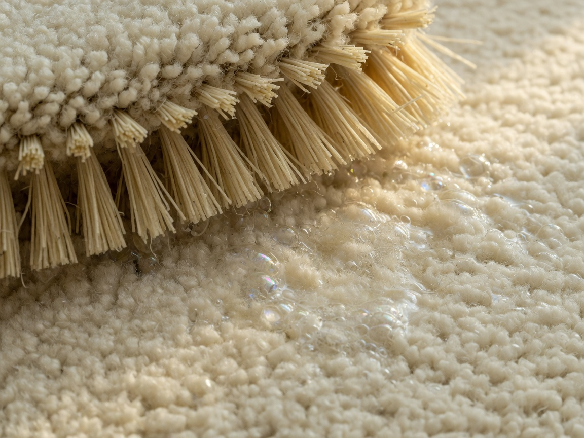 Enzymatic pet carpet cleaner spray with brush agitating deep pile carpet fibers to remove urine odor