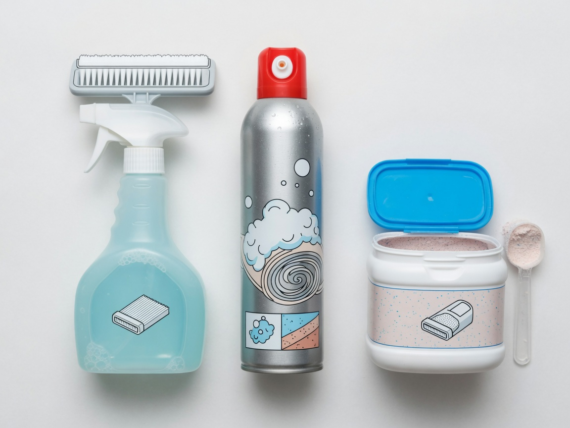 Comparison of pet carpet cleaning formats — spray with brush, foam cleaner, and dry powder products side by side